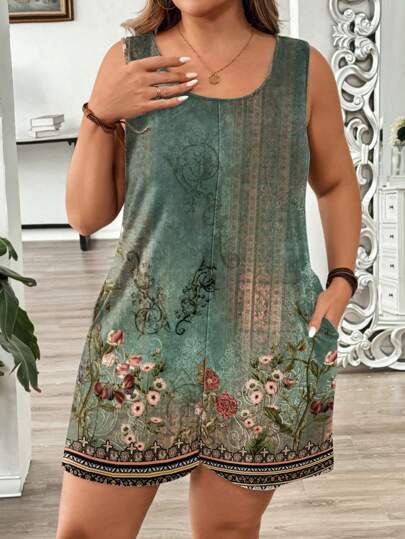 EMERY ROSE Plus Size Casual Vintage Floral Print Jumpsuit Suitable For Going Out,Flower/Spring/Summer/Vacation