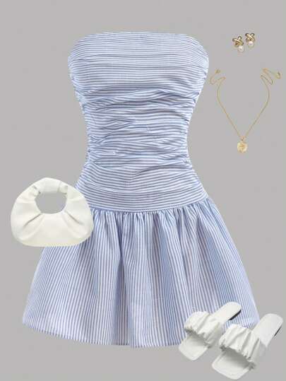 SHEIN Girlism Tween Girl Fashion Striped Ruched Bustier Dress