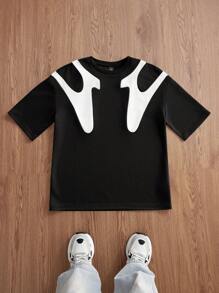 Manfinity VCAY 男士针织休闲宽松拼接短袖T恤，夏季，情侣装 - 黑與白 - 查看 1