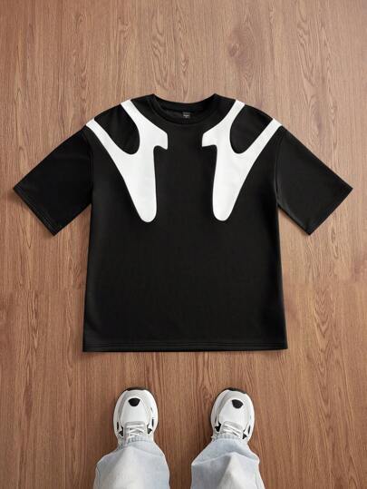 Manfinity VCAY 男士针织休闲宽松拼接短袖T恤，夏季，情侣装