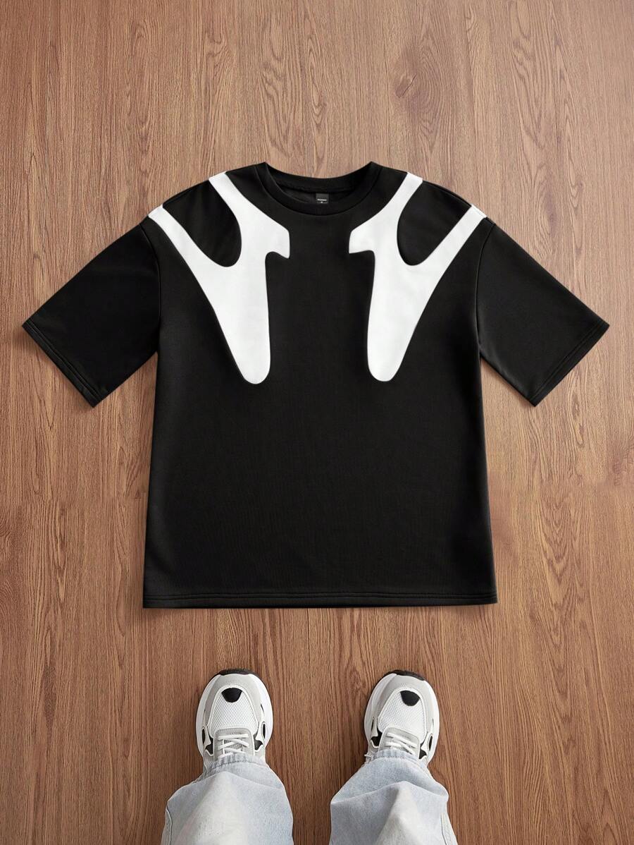 Manfinity VCAY 男士针织休闲宽松拼接短袖T恤，夏季，情侣装 - 黑與白 - 查看 1