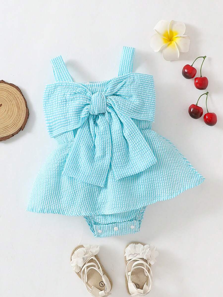 SHEIN 女婴夏季韩版休闲可爱汽车大蝴蝶结吊带蓝色条纹连体衣