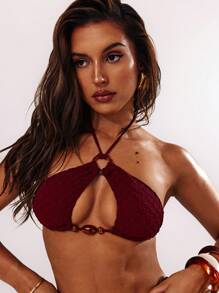 SHEIN BAE 1 pieza Top de traje de baño de cuello de halter de unicolor y Bottom de bikini triangular