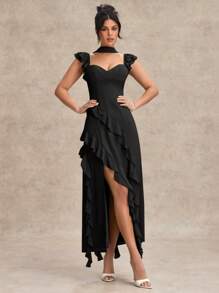 SHEIN BAE Váy chiffon dài không tay cổ chữ V màu xanh lá cây thanh lịch ngọt ngào cho nữ, thích hợp cho ngày lễ tình nhân, hẹn hò, đám cưới, phù dâu, mùa xuân/hè - màu đen - Xem 1