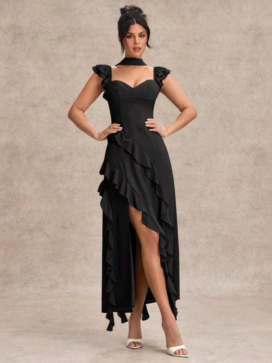 SHEIN BAE Váy chiffon dài không tay cổ chữ V màu xanh lá cây thanh lịch ngọt ngào cho nữ, thích hợp cho ngày lễ tình nhân, hẹn hò, đám cưới, phù dâu, mùa xuân/hè - màu đen - Xem 1