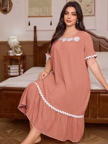 SHEIN Váy ngủ tay ngắn họa tiết hoa 3D cỡ lớn cho nữ, vải crepe thoáng khí, viền bèo nhún, thường ngày, váy ngủ Moo Moo - trái cam - Xem 3