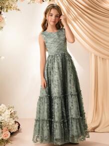 Tween Girl Princess Midiklänning i spets, Pianoframträdande högtidskläder, Cellokonsertklädsel, Födelsedagsfest Nyankomst - Grön - Visa 5