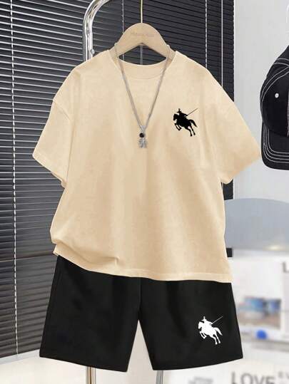 SHEIN Tween Boys Casual Minimalist Round Neck Short Sleeve Top And Shorts 2pcs Set, Suitable For Summer