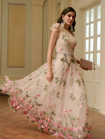 ZEYLAH Women's Elegant Party 3D Flower Mesh Embroidered Asymmetric Collar Maxi Dress, Summer Evening Party Dress