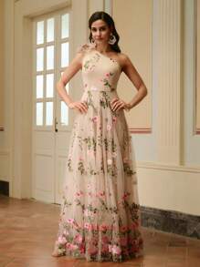 ZEYLAH 女士优雅派对 3D 花朵网眼刺绣不对称领口连衣裙 - 杏色 - 查看 5