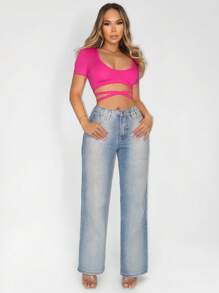 Zolique 女士时尚紫红色 V 领系带短款 T 恤，夏季