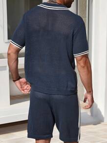 Manfinity Homme Men's Contrasting Stripe Hollow-Out Knitted Short Sleeve Top And Shorts Set - Blue - View 2