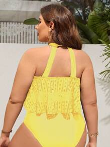 SHEIN Swim Curve Set de tankini de playa talla grande para mujer, 2 piezas con cuello de lazo, volantes de encaje y control de abdomen