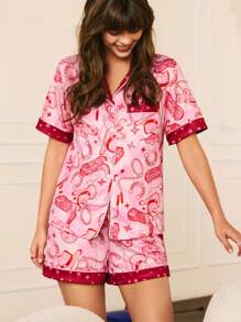 Young Fashionable Western Style Pink Full Print Lapel Women's Pajama Set