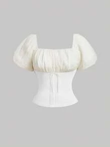 SHEIN MOD Blouse à volants et nœud décoratif, style romantique grande taille, style français casual pour vacances, journée, brunch