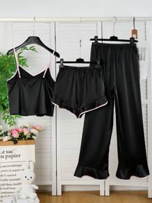 Set de 3 piezas de pijama de mujer elegante con contraste de colores de satín