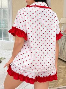SHEIN Plus Size Contrast Color Ruffle Hem Heart Print Short Sleeve Shorts Pajama Set - Multicolor - View 2