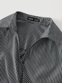 SHEIN MOD Áo sơ mi dài tay quấn bất đối xứng kẻ sọc trắng và kaki có thiết kế hình chữ thập và nơ ở lưng, trang phục nữ cao bồi - màu đen - Xem 3