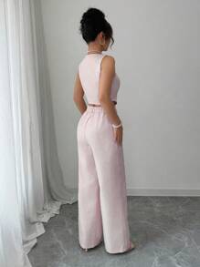Elenzga Conjunto de 2 piezas elegante de chaleco de doble botonadura a cuadros y pantalones para mujer - Rosa - Ver 2
