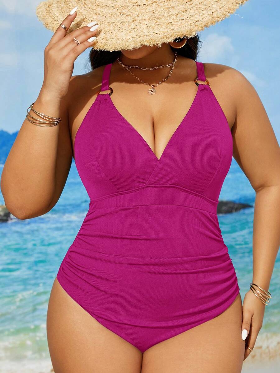 Swim Vcay Plus Size Women's Solid Color Ruched One Piece Swimsuit For Summer Beach Vacation - Hot Pink - View 1