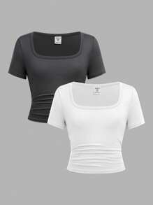 SHEIN Set de 2 camisetas básicas de cuello cuadrado de unicolor blanco para niñas preadolescentes, cómodas y sencillas, lleve 1 y lleve 1 gratis - Blanco y Negro - Ver 8