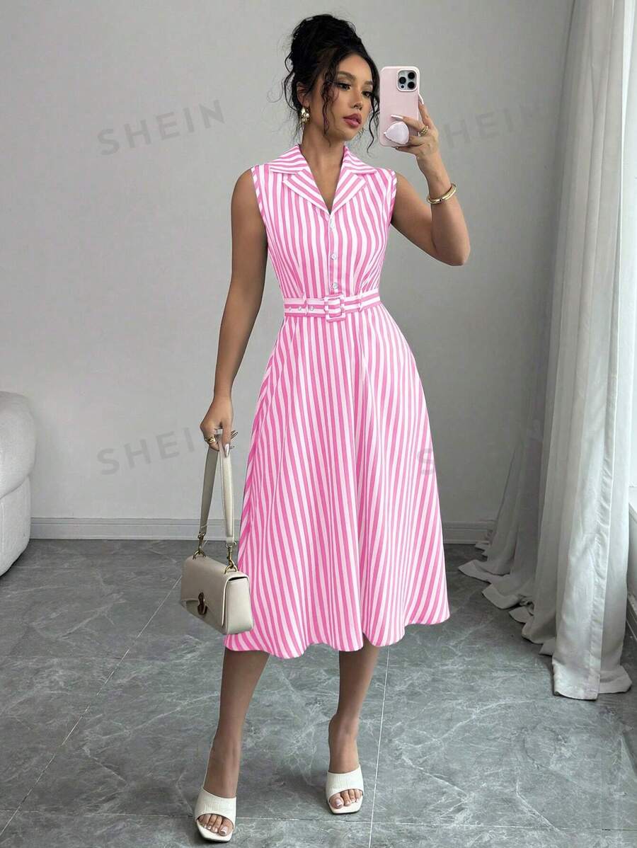Elenzga Vestido midi sin mangas de rayas para mujer, para el verano