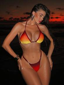 Swim SXY Completo estivo da spiaggia per donna: nuovo costume da bagno a due pezzi con parte superiore a triangolo con stampa a gradiente e coppa metallica e perizoma, adatto per vacanze