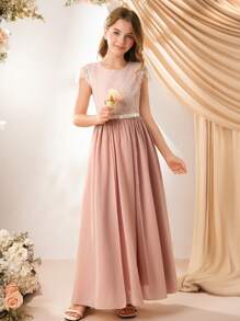 女孩优雅粉色圆领花卉荷叶边长款网眼覆盖派对礼服，适合舞会、约会之夜、婚礼、生日礼物 - 粉色 - 查看 8