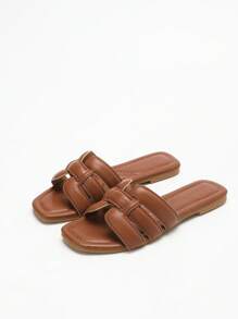 CUCCOO BIZCHIC Women's Solid Color Fashion Metal Buckle Flat Slide Sandals