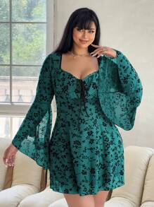 Flirla Plus Size Elegant Floral Flocked & Mesh Bell Sleeve Tie Waist Dress