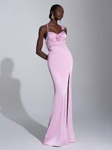 SHEIN Belle 优雅粉色手工 3D 花朵垂领交叉后背缎面正式伴娘礼服，适合婚礼、酒会、舞会、毕业典礼、宴会、伴娘礼服 - 粉色 - 查看 5