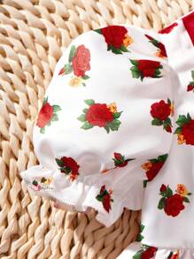 SHEIN Babygirl 花卉印花拼色度假连衣裙，夏季 - 紅色 - 查看 5