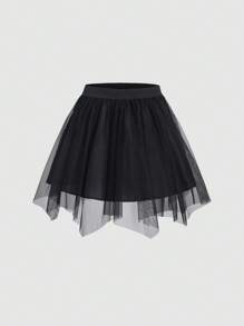 SHEIN Unity Women's Solid Color Asymmetric Hemline Mesh A-Line Skirt