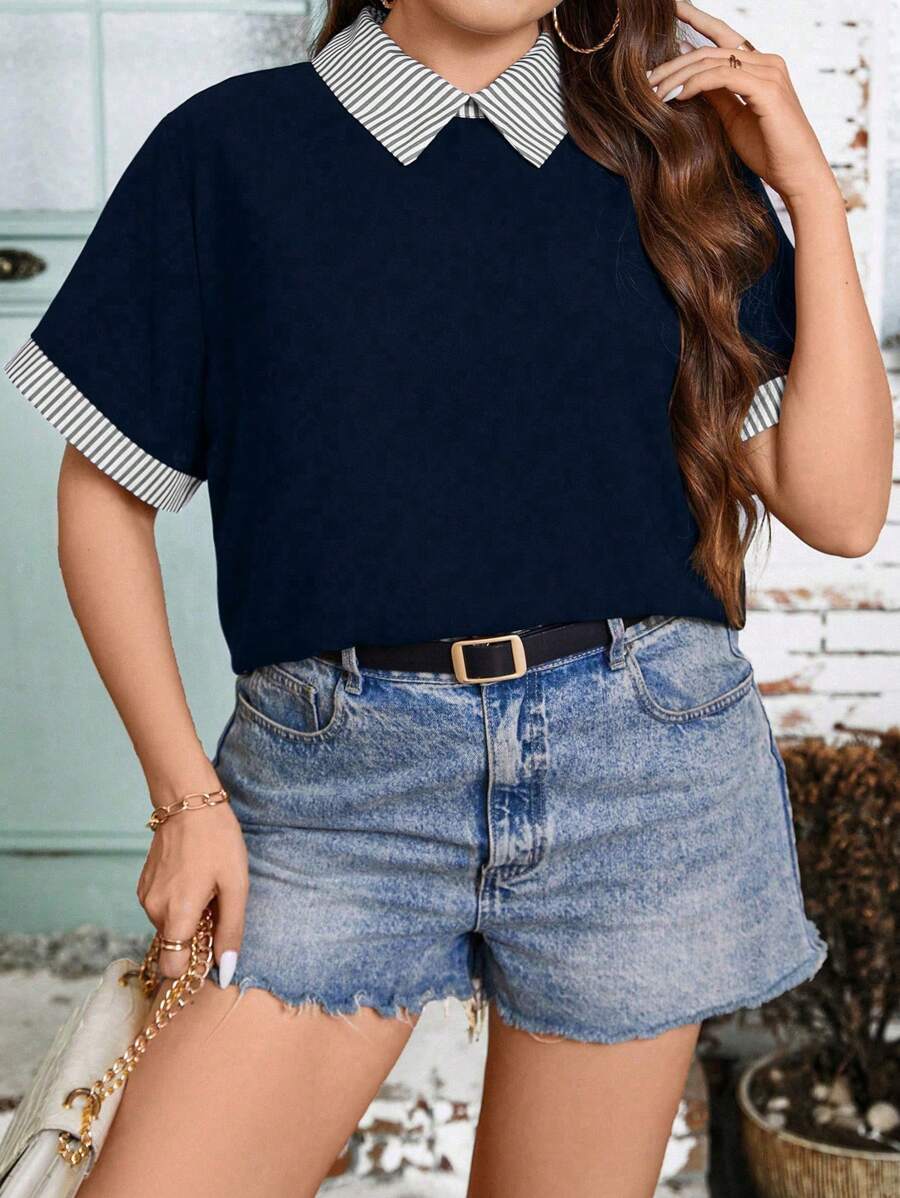 SHEIN LUNE Plus Contrast Striped Collar Blouse, For Summer - Blue - View 1