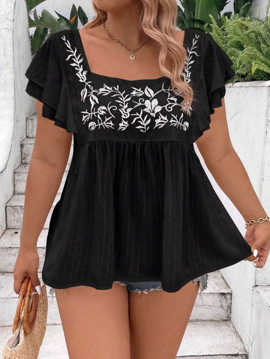 LanaWest 大码方形领口印花荷叶边下摆度假衬衫荷叶边上衣