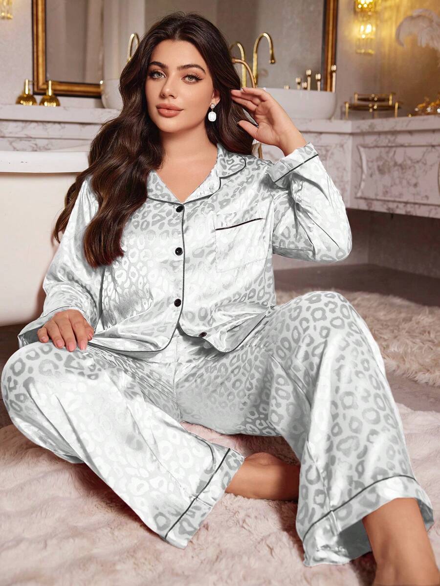 MuseNap CURVE Plus Size Leopard Print Jacquard Faux Silk Shawl Collar Top & Pants Sleepwear Set, Fall Winter Clothes - White - View 1