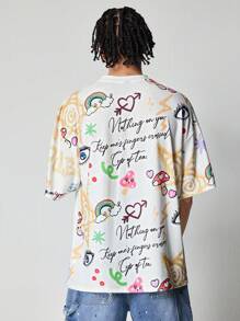 ROMWE MEN Anime 男士圆领短袖字母印花休闲 T 恤 - 白色 - 查看 3