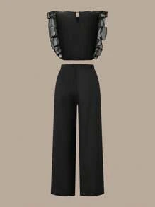 Tween 女孩简约优雅圆领夸张盖袖短款纯色衬衫和松紧腰阔腿纯色裤黑色两件套服装，夏季 - 黑色 - 查看 8