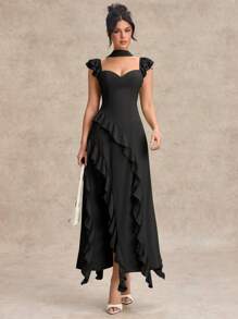 SHEIN BAE Váy chiffon dài không tay cổ chữ V màu xanh lá cây thanh lịch ngọt ngào cho nữ, thích hợp cho ngày lễ tình nhân, hẹn hò, đám cưới, phù dâu, mùa xuân/hè - màu đen - Xem 3