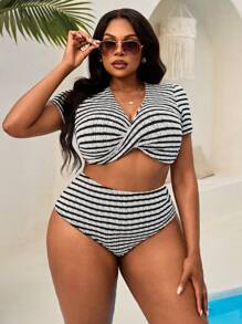SHEIN Swim Curve Plus Size Women's 2 Pieces Set New Deep-V Twist-Front Short Sleeve High-Waist Triangle Bikini, Fashionable Casual Beach Swimming Suit