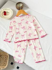 SHEIN Playful Pals 2 件套女婴幼儿 0-3 岁可爱甜美休闲日常趣味图案蝴蝶结罗纹针织圆领长袖修身 T 恤和修身裤装，适合家居穿着 - 杏色 - 查看 3