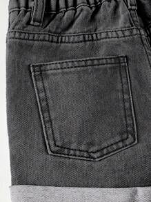 SHEIN Young Girl' Casual Versatile Wide Leg Loose Ripped Cuffed Denim Shorts - Black - View 7