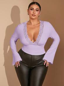 SHEIN BAE Plus Size Women V-Neck Splice Lace Trim Solid Long Sleeve Casual Top, Suitable For Spring/Summer - Mauve Purple - View 6