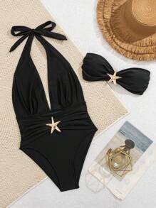 SHEIN 2 件女式性感抹胸短款上衣和金属海星印花连体泳衣套装，春假夏季服装