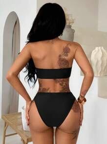 Swim SXY Women's Solid Color Bandeau Metal Snake Detail Casual Holiday Simple Sexy Beach Bikini 2 Pieces Set, For Summer Vacation