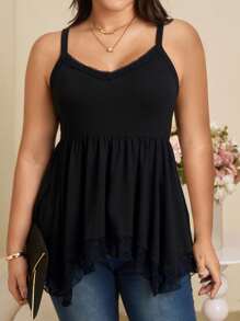 EMERY ROSE Plus Size Solid Color Simple Style Camisole Top, Elegant Women's Camisole Top,Summer For Women,Concert Women Tunic Top - Black - View 3