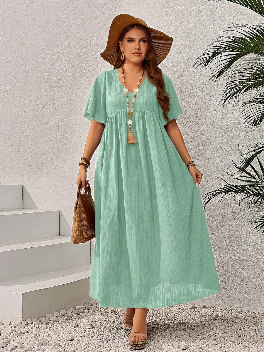 Rosumi Plus Size Women's Early Summer V-Neck Ruched Casual Boho Bohemian Dress, Short Sleeve Beach Vacation Sage Green - Mint Green - View 1
