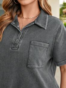 SHEIN LUNE فستان قمصان كاجوال مريح مخمل الجيوب إكسسوارات الياقة زائد الحجم المناسب لأسلوب البوهيمي والكاوبوي وأزياء ارتداء الغرب البوهيمي والهبي للنساء - رمادي فاتح - مشاهدة 7