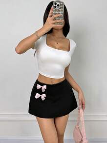 SHEIN EZwear Women's Short Bow Decor A-Line Skirt - Black - View 5