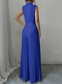 Elenzga Women's Elegant Solid Color Double Breasted Vest & Wide Leg Pleated Pants Suit Set - Royal Blue - View 2